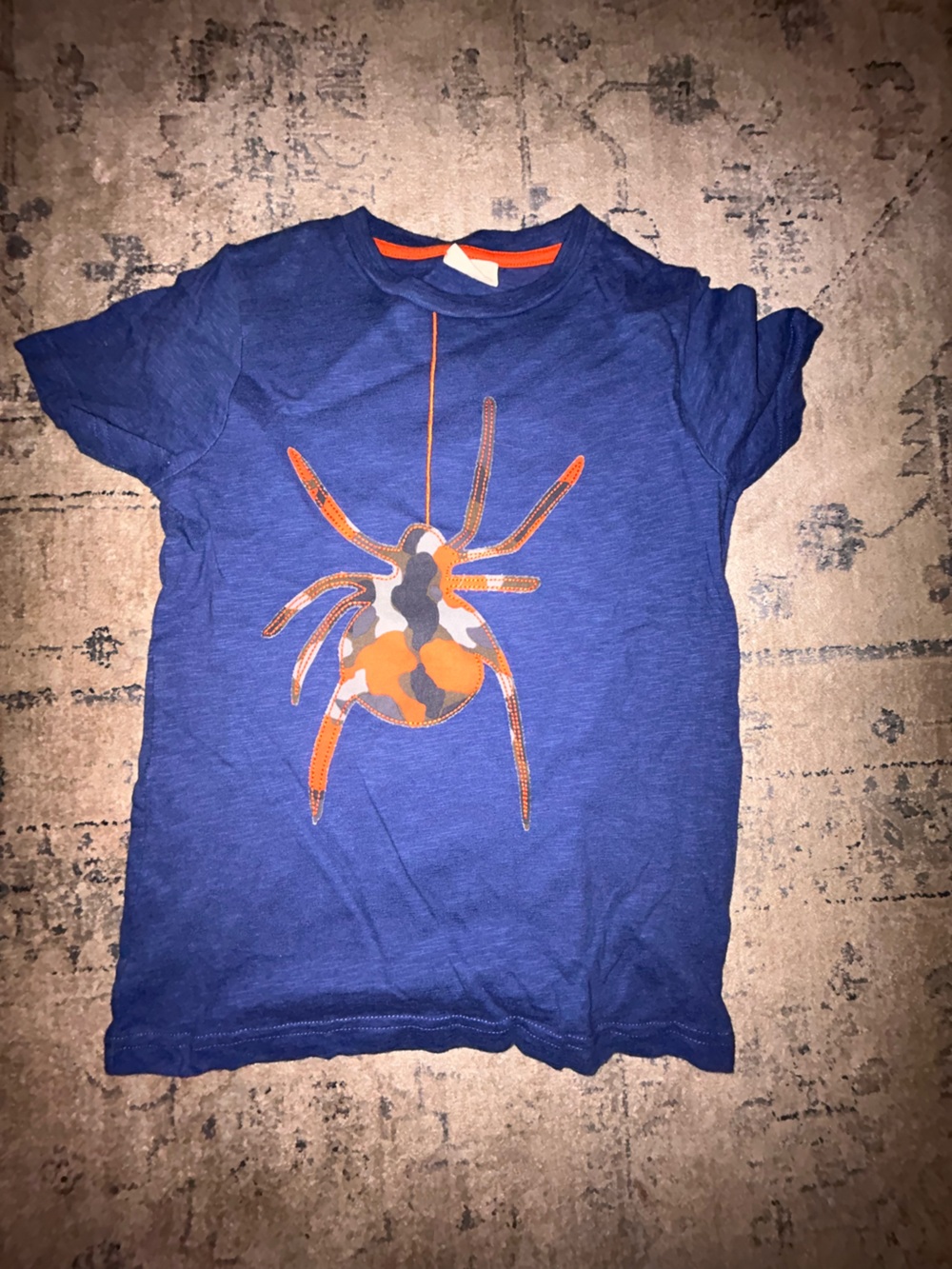 Boden Blue Tee with Orange Camo Spider Graphic